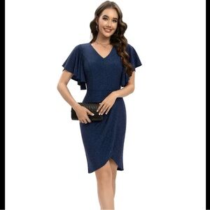 Glitter Navy Blue Dress with Flutter Sleeves and V-Neck Size XL